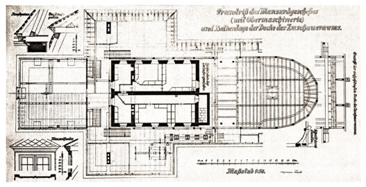 Schloss und Schlossgarten Schwetzingen - Schlosstheater - Zeichnung von Karl Freund, 1924 - Grundriss des Mansardgeschosses (mit Obermaschinerie) und Balkenlage der Decke des Zuschauerraums (Bildnachweis: Seite 20 der Beilagen der Dissertation "Karl Freund: Churpfälzische Schloss- und Hoftheater (Heidelberg, Mannheim und Schwetzingen) in der Geschichte des Theaterbaues, der Bühnentechnik, Dekoration, Beleuchtung und des Kostüms in Italien, Frankreich, England und Deutschland – 1924"; Reproduktion durch Dr. Manfred Schneider, Februar 2025)