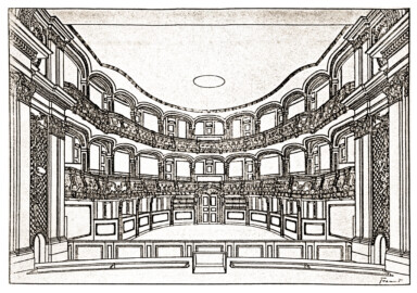 Schloss und Schlossgarten Schwetzingen - Schlosstheater - Zeichnung von Karl Freund, 1924 - Perspektive des Zuschauerraums (Bildnachweis: Seite 26 der Beilagen der Dissertation "Karl Freund: Churpfälzische Schloss- und Hoftheater (Heidelberg, Mannheim und Schwetzingen) in der Geschichte des Theaterbaues, der Bühnentechnik, Dekoration, Beleuchtung und des Kostüms in Italien, Frankreich, England und Deutschland – 1924"; Reproduktion durch Dr. Manfred Schneider, Februar 2025)