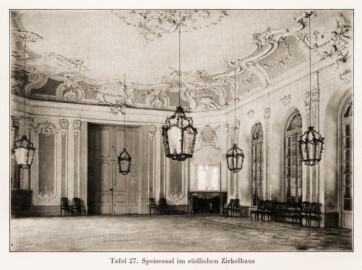 Schloss und Schlossgarten Schwetzingen - Speisesaal im südlichen Zirkelhaus (Bildnachweis: Tafel 27 aus "Max Schmechel: Nicolaus von Pigage’s Schwetzinger Entwürfe und Bauten - Dissertation – 1923"; Reproduktion durch Dr. Manfred Schneider, August 2027) Schloss und Schlossgarten Schwetzingen - Speisesaal im südlichen Zirkelhaus (Bildnachweis: Tafel 27 aus "Max Schmechel: Nicolaus von Pigage’s Schwetzinger Entwürfe und Bauten - Dissertation – 1923"; Reproduktion durch Dr. Manfred Schneider, August 2027)