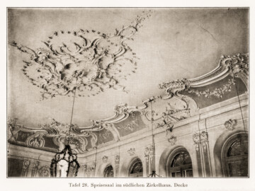 Schloss und Schlossgarten Schwetzingen - Speisesaal im südlichen Zirkelhaus. Decke (Bildnachweis: Tafel 28 aus "Max Schmechel: Nicolaus von Pigage’s Schwetzinger Entwürfe und Bauten - Dissertation – 1923"; Reproduktion durch Dr. Manfred Schneider, August 2028) Schloss und Schlossgarten Schwetzingen - Speisesaal im südlichen Zirkelhaus. Decke (Bildnachweis: Tafel 28 aus "Max Schmechel: Nicolaus von Pigage’s Schwetzinger Entwürfe und Bauten - Dissertation – 1923"; Reproduktion durch Dr. Manfred Schneider, August 2028)
