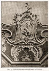 Schloss und Schlossgarten Schwetzingen - Speisesaal im südlichen Zirkelhaus. Deckendetail (Bildnachweis: Tafel 29 aus "Max Schmechel: Nicolaus von Pigage’s Schwetzinger Entwürfe und Bauten - Dissertation – 1923"; Reproduktion durch Dr. Manfred Schneider, August 2029) Schloss und Schlossgarten Schwetzingen - Speisesaal im südlichen Zirkelhaus. Deckendetail (Bildnachweis: Tafel 29 aus "Max Schmechel: Nicolaus von Pigage’s Schwetzinger Entwürfe und Bauten - Dissertation – 1923"; Reproduktion durch Dr. Manfred Schneider, August 2029)