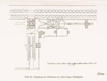 Schloss und Schlossgarten Schwetzingen - Umgebung des Badhauses in Schwetzingen (Bildnachweis: Tafel 49 aus "Max Schmechel: Nicolaus von Pigage’s Schwetzinger Entwürfe und Bauten - Dissertation – 1923"; Reproduktion durch Dr. Manfred Schneider, August 2023)