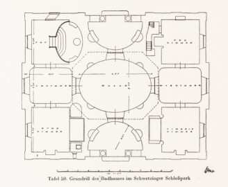 Schloss und Schlossgarten Schwetzingen - Grundriss des Badhauses im Schwetzinger Schlosspark  (Bildnachweis: Tafel 50 aus "Max Schmechel: Nicolaus von Pigage’s Schwetzinger Entwürfe und Bauten - Dissertation – 1923"; Reproduktion durch Dr. Manfred Schneider, August 2023)