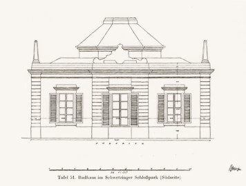 Schloss und Schlossgarten Schwetzingen - Badhaus im Schwetzinger Schlosspark (Südseite) (Bildnachweis: Tafel 51 aus "Max Schmechel: Nicolaus von Pigage’s Schwetzinger Entwürfe und Bauten - Dissertation – 1923"; Reproduktion durch Dr. Manfred Schneider, August 2023)