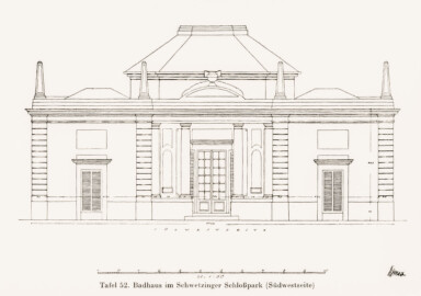 Schloss und Schlossgarten Schwetzingen - Badhaus im Schwetzinger Schlosspark (Südwestseite) (Bildnachweis: Tafel 52 aus "Max Schmechel: Nicolaus von Pigage’s Schwetzinger Entwürfe und Bauten - Dissertation – 1923"; Reproduktion durch Dr. Manfred Schneider, August 2023)
