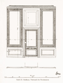 Schloss und Schlossgarten Schwetzingen - Badhaus. Türwand des Teezimmers (Bildnachweis: Tafel 57 aus "Max Schmechel: Nicolaus von Pigage’s Schwetzinger Entwürfe und Bauten - Dissertation – 1923"; Reproduktion durch Dr. Manfred Schneider, August 2023)