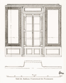 Schloss und Schlossgarten Schwetzingen - Badhaus. Fensterwand des Teezimmers (Bildnachweis: Tafel 56 aus "Max Schmechel: Nicolaus von Pigage’s Schwetzinger Entwürfe und Bauten - Dissertation – 1923"; Reproduktion durch Dr. Manfred Schneider, August 2023)