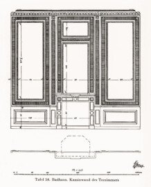 Schloss und Schlossgarten Schwetzingen - Badhaus. Kaminwand des Teezimmers (Bildnachweis: Tafel 58 aus "Max Schmechel: Nicolaus von Pigage’s Schwetzinger Entwürfe und Bauten - Dissertation – 1923"; Reproduktion durch Dr. Manfred Schneider, August 2023)