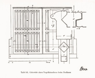 Schloss und Schlossgarten Schwetzingen - Gittertür eines Vogelhäuschens beim Badhaus (Bildnachweis: Tafel 61 aus "Max Schmechel: Nicolaus von Pigage’s Schwetzinger Entwürfe und Bauten - Dissertation – 1923"; Reproduktion durch Dr. Manfred Schneider, August 2023)