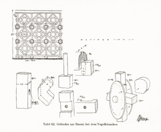 Schloss und Schlossgarten Schwetzingen - Geländer am Bassin bei dem Vogelhäuschen (Bildnachweis: Tafel 62 aus "Max Schmechel: Nicolaus von Pigage’s Schwetzinger Entwürfe und Bauten - Dissertation – 1923"; Reproduktion durch Dr. Manfred Schneider, August 2023)