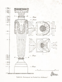 Schloss und Schlossgarten Schwetzingen - Postament im Vorhof des Schlosses (Bildnachweis: Tafel 64 aus "Max Schmechel: Nicolaus von Pigage’s Schwetzinger Entwürfe und Bauten - Dissertation – 1923"; Reproduktion durch Dr. Manfred Schneider, August 2023)