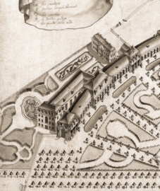 Schloss und Schlossgarten Schwetzingen - Das Schlosstheater nach der Fertigstellung um 1753; dahinter das Gesandtenhaus und der Gesandtenhausgarten; Ausschnitt aus dem Gartengrundriss, Joseph Kieser, 1752, 610 mm x 932 mm (Bildnachweis: DE001137; Gartengrundriss, Schwetzingen, Joseph Kieser, 1752; Inv.-Nr. SZ-01-05-1 (alt: Sch. B 13/2 2); © Bayerische Schlösserverwaltung, Plansammlung der Gärtenabteilung; mit freundlicher Genehmigung der Bayerischen Schlösserverwaltung)