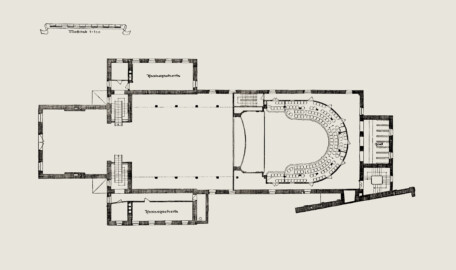 Schloss und Schlossgarten Schwetzingen - Schlosstheater, Grundriss in Höhe des 1. Ranges, 1937, nach dem Umbau (Bildnachweis: Abb. 7 auf Seite 15 des Buchs "Hans Möhrle: Das Schwetzinger Schloß-Theater – 1938")