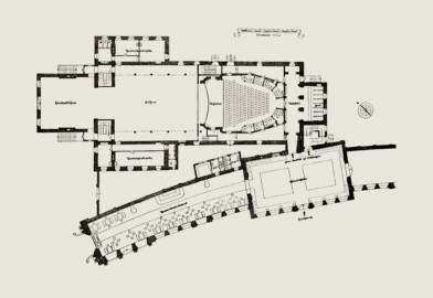 Schloss und Schlossgarten Schwetzingen - Schlosstheater, Grundriss der Bühne und des Parterres, 1937, nach dem Umbau (Bildnachweis: Abb. 6 auf Seite 11 des Buchs "Hans Möhrle: Das Schwetzinger Schloß-Theater – 1938")