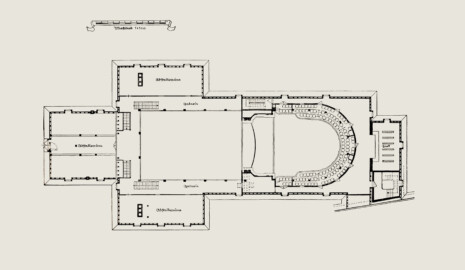 Schloss und Schlossgarten Schwetzingen - Schlosstheater, Grundriss in Höhe des 2. Ranges, 1937, nach dem Umbau (Bildnachweis: Abb. 8 auf Seite 15 des Buchs "Hans Möhrle: Das Schwetzinger Schloß-Theater – 1938")