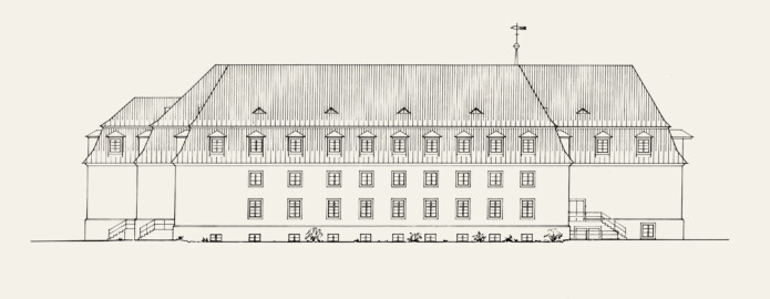 Schloss und Schlossgarten Schwetzingen - Schlosstheater, Ansicht von Norden, 1974, nach dem Umbau; Zeichnung von F. Herrmann (Bildnachweis: Oberfinanzdirektion Karlsruhe (Hg.), Ernst Throm - Das Rokokotheater in Schwetzingen - 1974)