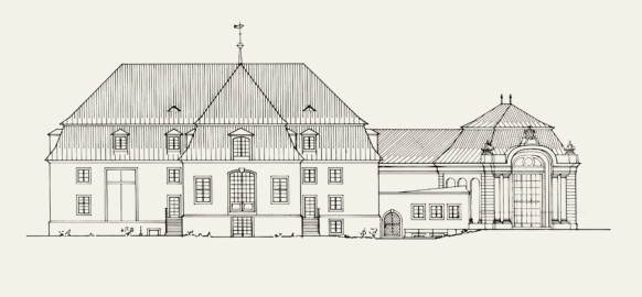 Schloss und Schlossgarten Schwetzingen - Schlosstheater, Ansicht von Westen, 1974, nach dem Umbau; Zeichnung von F. Herrmann (Bildnachweis: Oberfinanzdirektion Karlsruhe (Hg.), Ernst Throm - Das Rokokotheater in Schwetzingen - 1974)