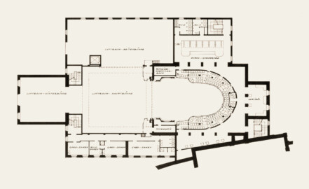 Schloss und Schlossgarten Schwetzingen - Schlosstheater, Grundriss 1. Logengeschoss, 1974, nach dem Umbau; Zeichnung von F. Herrmann (Bildnachweis: Oberfinanzdirektion Karlsruhe (Hg.), Ernst Throm - Das Rokokotheater in Schwetzingen - 1974)