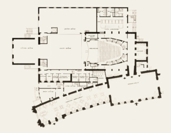 Schloss und Schlossgarten Schwetzingen - Schlosstheater, Grundriss Parkettgeschoss, 1974, nach dem Umbau; Zeichnung von F. Herrmann (Bildnachweis: Oberfinanzdirektion Karlsruhe (Hg.), Ernst Throm - Das Rokokotheater in Schwetzingen - 1974)