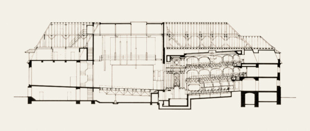 Schloss und Schlossgarten Schwetzingen - Schlosstheater, Längsschnitt durch Zuschauerhaus und Bühne, 1974, nach dem Umbau; Zeichnung von F. Herrmann (Bildnachweis: Oberfinanzdirektion Karlsruhe (Hg.), Ernst Throm - Das Rokokotheater in Schwetzingen - 1974)