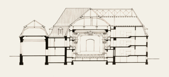 Schloss und Schlossgarten Schwetzingen - Schlosstheater, Querschnitt durch das Zuschauerhaus, 1974, nach dem Umbau; Zeichnung von F. Herrmann (Bildnachweis: Oberfinanzdirektion Karlsruhe (Hg.), Ernst Throm - Das Rokokotheater in Schwetzingen - 1974)