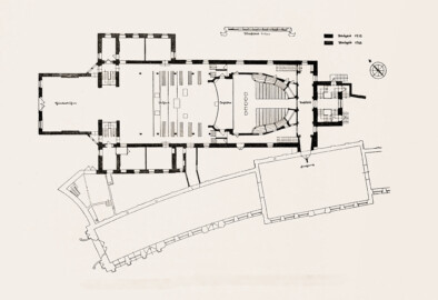 Schloss und Schlossgarten Schwetzingen - Schlosstheater, Grundriss der Bühne und des Parterres, alte Anlage, nach Erweiterung 1762 (Bildnachweis: Abb. 5 auf Seite 11 des Buchs "Hans Möhrle: Das Schwetzinger Schloß-Theater – 1938")