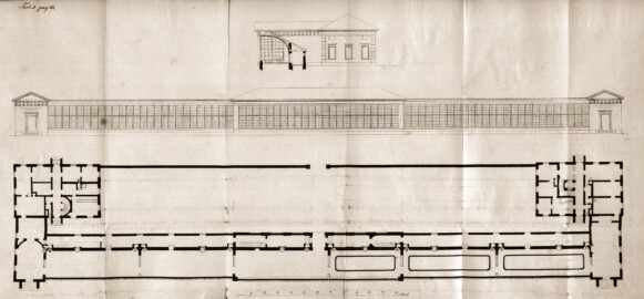 Schloss und Schlossgarten Schwetzingen - Plan für ein Gewächshaus (Bildnachweis: Seite 182a aus "Friedrich Ludwig von Sckell: Beitraege zur bildenden Gartenkunst für angehende Gartenkünstler und Gartenliebhaber, 1825", https://doi.org/10.11588/diglit.1689 gemeinfrei)