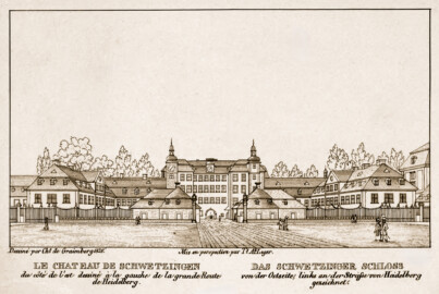 Schloss und Schlossgarten Schwetzingen - Seite 7 "Das Schwetzinger Schloss - von der Ostseite, links an der Straße von Heidelberg gezeichnet" - Lithografie von T.A. Leger - Auszug aus "Charles de Graimberg: Vues du jardin de Schwetzingen - Ansichten des Schwetzinger Gartens - 1828" - Bayerische Staatsbibliothek München - https://mdz-nbn-resolving.de/details:bsb10477849 - Public Domain
