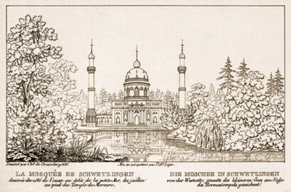 Schloss und Schlossgarten Schwetzingen - Seite 15 "Die Moschee in Schwetzingen - von der Westseite, jenseits des kleineren Sees am Fuße des Hermestempels (Merkurtempels) gezeichnet" - Lithografie von T.A. Leger - Auszug aus "Charles de Graimberg: Vues du jardin de Schwetzingen - Ansichten des Schwetzinger Gartens - 1828" - Bayerische Staatsbibliothek München - https://mdz-nbn-resolving.de/details:bsb10477849 - Public Domain