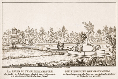 Schloss und Schlossgarten Schwetzingen - Seite 19 "Die Ruinen des Hermestempels (Merkurtempels) - in Schwetzingen aus der Ferne von den kolossalen Statuen der Flußgötter her gesehen" - Lithografie von T.A. Leger - Auszug aus "Charles de Graimberg: Vues du jardin de Schwetzingen - Ansichten des Schwetzinger Gartens - 1828" - Bayerische Staatsbibliothek München - https://mdz-nbn-resolving.de/details:bsb10477849 - Public Domain