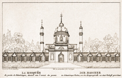 Schloss und Schlossgarten Schwetzingen - Seite 23 "Die Moschee  - im Schwetzingen Garten, aus der Eingangshalle vor dem Vorhofe gezeichnet" - Lithografie von T.A. Leger - Auszug aus "Charles de Graimberg: Vues du jardin de Schwetzingen - Ansichten des Schwetzinger Gartens - 1828" - Bayerische Staatsbibliothek München - https://mdz-nbn-resolving.de/details:bsb10477849 - Public Domain