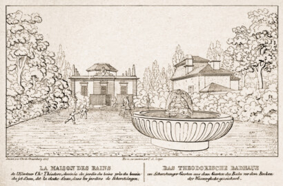 Schloss und Schlossgarten Schwetzingen - Seite 27 "Das Theodorische Badhaus - im Schwetzinger Garten aus dem Garten des Bades vor dem Becken der Wasserglocke gezeichnet" - Lithografie von T.A. Leger - Auszug aus "Charles de Graimberg: Vues du jardin de Schwetzingen - Ansichten des Schwetzinger Gartens - 1828" - Bayerische Staatsbibliothek München - https://mdz-nbn-resolving.de/details:bsb10477849 - Public Domain
