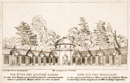 Schloss und Schlossgarten Schwetzingen - Seite 31 "Eine der vielen Eckhallen - mit den angrenzenden kleineren Hallen, welche den Vorhof der Moschee im Schwtzinger Garten umgeben, aus der Mitte des Vorhofs angesehen" - Lithografie von T.A. Leger - Auszug aus "Charles de Graimberg: Vues du jardin de Schwetzingen - Ansichten des Schwetzinger Gartens - 1828" - Bayerische Staatsbibliothek München - https://mdz-nbn-resolving.de/details:bsb10477849 - Public Domain