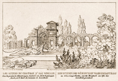 Schloss und Schlossgarten Schwetzingen - Seite 35 "Die Ruinen des römischen Wassercastells - im Schwetzinger Garten, von der Hauptseite am Ufer der Leimbach gezeichnet" - Lithografie von T.A. Leger - Auszug aus "Charles de Graimberg: Vues du jardin de Schwetzingen - Ansichten des Schwetzinger Gartens - 1828" - Bayerische Staatsbibliothek München - https://mdz-nbn-resolving.de/details:bsb10477849 - Public Domain