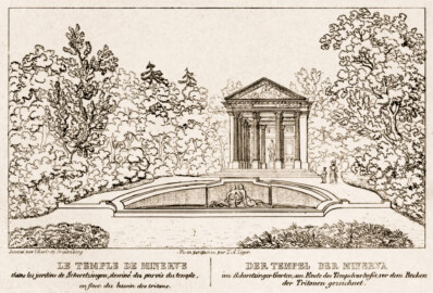 Schloss und Schlossgarten Schwetzingen - Seite 39 "Der Tempel der Minerva - im Schwetzinger Garten, am Ende des Tempelvorhofes, vor dem Becken der Tritonen gezeichnet" - Lithografie von T.A. Leger - Auszug aus "Charles de Graimberg: Vues du jardin de Schwetzingen - Ansichten des Schwetzinger Gartens - 1828" - Bayerische Staatsbibliothek München - https://mdz-nbn-resolving.de/details:bsb10477849 - Public Domain