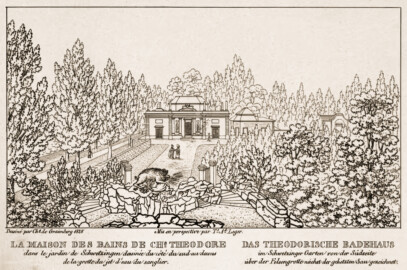 Schloss und Schlossgarten Schwetzingen - Seite 43 "Das Theodorische Badhaus - im Schwetzinger Garten von der Südseite über der Felsengrotte nächst der gehetzten Sau gezeichnet" - Lithografie von T.A. Leger - Auszug aus "Charles de Graimberg: Vues du jardin de Schwetzingen - Ansichten des Schwetzinger Gartens - 1828" - Bayerische Staatsbibliothek München - https://mdz-nbn-resolving.de/details:bsb10477849 - Public Domain