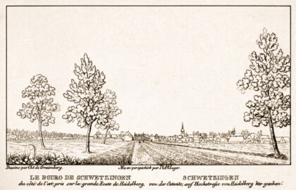 Schloss und Schlossgarten Schwetzingen - Seite 47 "Schwetzingen - von der Ostseite, auf Hochstraße von Heidelberg her gesehen" - Lithografie von T.A. Leger - Auszug aus "Charles de Graimberg: Vues du jardin de Schwetzingen - Ansichten des Schwetzinger Gartens - 1828" - Bayerische Staatsbibliothek München - https://mdz-nbn-resolving.de/details:bsb10477849 - Public Domain