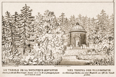 Schloss und Schlossgarten Schwetzingen - Seite 51 "Der Tempel der Waldbotanik - im Schwetzinger Garten, von seiner Hauptseite am Ufer des Canals gesehen" - Lithografie von T.A. Leger - Auszug aus "Charles de Graimberg: Vues du jardin de Schwetzingen - Ansichten des Schwetzinger Gartens - 1828" - Bayerische Staatsbibliothek München - https://mdz-nbn-resolving.de/details:bsb10477849 - Public Domain