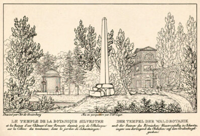 Schloss und Schlossgarten Schwetzingen - Seite 55 "Der Tempel der Waldbotanik - und die Ruinen des Römischen Wassercastells in Schwetzingen aus der Gegend des Obelisken auf dem Grabeshügel gesehen" - Lithografie von T.A. Leger - Auszug aus "Charles de Graimberg: Vues du jardin de Schwetzingen - Ansichten des Schwetzinger Gartens - 1828" - Bayerische Staatsbibliothek München - https://mdz-nbn-resolving.de/details:bsb10477849 - Public Domain