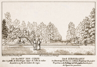 Schloss und Schlossgarten Schwetzingen - Seite 59 "Das Hirschbassin - im Schwetzinger Garten, vom mittleren Hauptwege des großen Vorgartens in der Richtung nach der großen Aussicht gegen die Vogesen (Pfalz) hin gezeichnet" - Lithografie von T.A. Leger - Auszug aus "Charles de Graimberg: Vues du jardin de Schwetzingen - Ansichten des Schwetzinger Gartens - 1828" - Bayerische Staatsbibliothek München - https://mdz-nbn-resolving.de/details:bsb10477849 - Public Domain