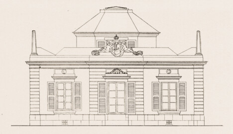 Schloss und Schlossgarten Schwetzingen - Badhaus, Aufriss der Ostseite - Zeichnung von Wilhelm Schweitzer, 1930 (Bildnachweis: Die Kunstdenkmäler des Amtsbezirks Mannheim – Stadt Schwetzingen – 1933)