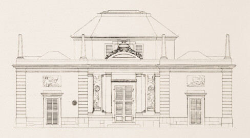 Schloss und Schlossgarten Schwetzingen - Badhaus, Aufriss der Südseite - Zeichnung von Wilhelm Schweitzer, 1930 (Bildnachweis: Die Kunstdenkmäler des Amtsbezirks Mannheim – Stadt Schwetzingen – 1933)