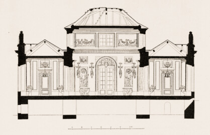 Schloss und Schlossgarten Schwetzingen - Badhaus, Längsschnitt - Zeichnung von Wilhelm Schweitzer, 1930 (Bildnachweis: Die Kunstdenkmäler des Amtsbezirks Mannheim – Stadt Schwetzingen – 1933)