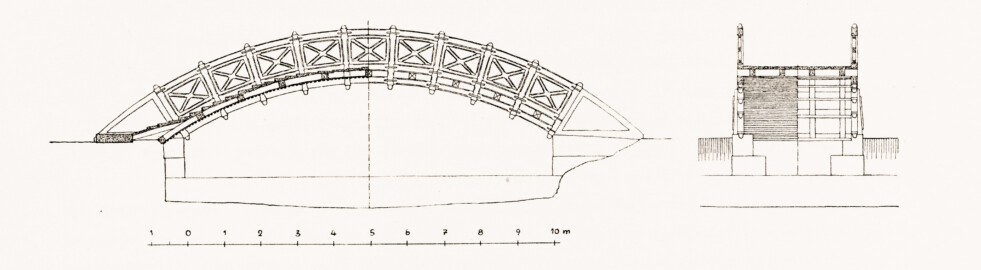 Schloss und Schlossgarten Schwetzingen - Chinesische Brücke, Konstruktion - Zeichnung von Wilhelm Schweitzer, 1930 (Bildnachweis: Die Kunstdenkmäler des Amtsbezirks Mannheim – Stadt Schwetzingen – 1933)