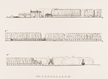 Schloss und Schlossgarten Schwetzingen - Längschnitt durch die Mittelachse des Gartens vom Schloss bis zum großen See - Zeichnung von Wilhelm Schweitzer, 1930 (Bildnachweis: Die Kunstdenkmäler des Amtsbezirks Mannheim – Stadt Schwetzingen – 1933) Schloss und Schlossgarten Schwetzingen - Längschnitt durch die Mittelachse des Gartens vom Schloss bis zum großen See - Zeichnung von Wilhelm Schweitzer, 1930 (Bildnachweis: Die Kunstdenkmäler des Amtsbezirks Mannheim – Stadt Schwetzingen – 1933)