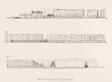 Schloss und Schlossgarten Schwetzingen - Längschnitt durch die Mittelachse des Gartens vom Schloss bis zum großen See - Zeichnung von Wilhelm Schweitzer, 1930 (Bildnachweis: Die Kunstdenkmäler des Amtsbezirks Mannheim – Stadt Schwetzingen – 1933) Schloss und Schlossgarten Schwetzingen - Längschnitt durch die Mittelachse des Gartens vom Schloss bis zum großen See - Zeichnung von Wilhelm Schweitzer, 1930 (Bildnachweis: Die Kunstdenkmäler des Amtsbezirks Mannheim – Stadt Schwetzingen – 1933)