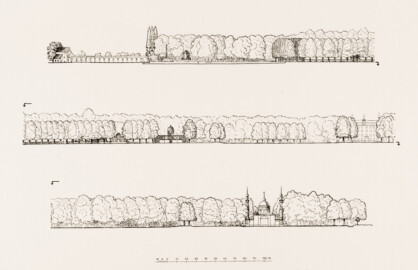Schloss und Schlossgarten Schwetzingen - Querschnitt durch den Garten vom Römischen Wasserkastell bis zur Moschee - Zeichnung von Wilhelm Schweitzer, 1930 (Bildnachweis: Die Kunstdenkmäler des Amtsbezirks Mannheim – Stadt Schwetzingen – 1933) Schloss und Schlossgarten Schwetzingen - Querschnitt durch den Garten vom Römischen Wasserkastell bis zur Moschee - Zeichnung von Wilhelm Schweitzer, 1930 (Bildnachweis: Die Kunstdenkmäler des Amtsbezirks Mannheim – Stadt Schwetzingen – 1933)