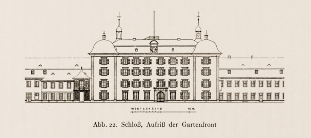 Schloss und Schlossgarten Schwetzingen - Schloss, Aufriss der Gartenfront - Zeichnung von Wilhelm Schweitzer, 1930 (Bildnachweis: Die Kunstdenkmäler des Amtsbezirks Mannheim – Stadt Schwetzingen – 1933)