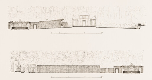 Schloss und Schlossgarten Schwetzingen - Längsschnitt durch die Gesamtkomposition der Badhausanlage - Zeichnung von Wilhelm Schweitzer, 1930 (Bildnachweis: Die Kunstdenkmäler des Amtsbezirks Mannheim – Stadt Schwetzingen – 1933)