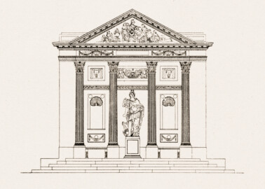 Schloss und Schlossgarten Schwetzingen - Minervatempel - Aufriss - Zeichnung von Wilhelm Schweitzer, 1930 (Bildnachweis: Die Kunstdenkmäler des Amtsbezirks Mannheim – Stadt Schwetzingen – 1933)
